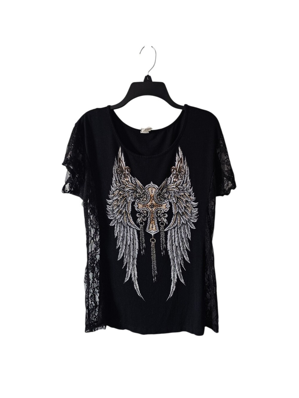 Liberty Wear Gothic Winged Cross Rhinestone Lace Shirt Y2K Biker Core Black XL
